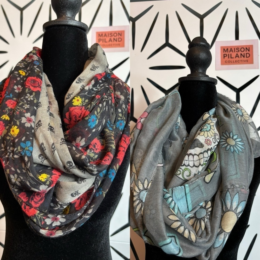 Lot of 2 Infinity Scarves – Floral Skull & Gray Sugar Skull Designs